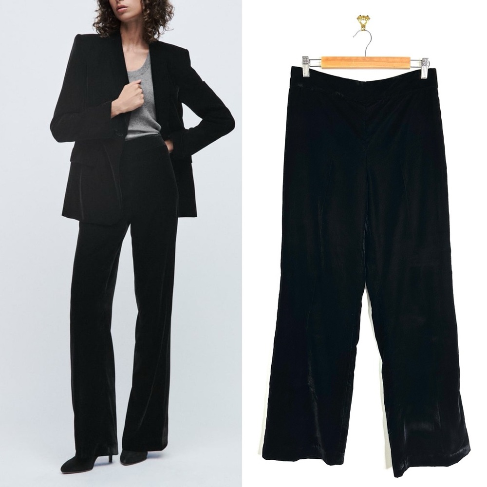 ZARA High Waist Flared Velvet Pants Trousers Black Size M NWT
